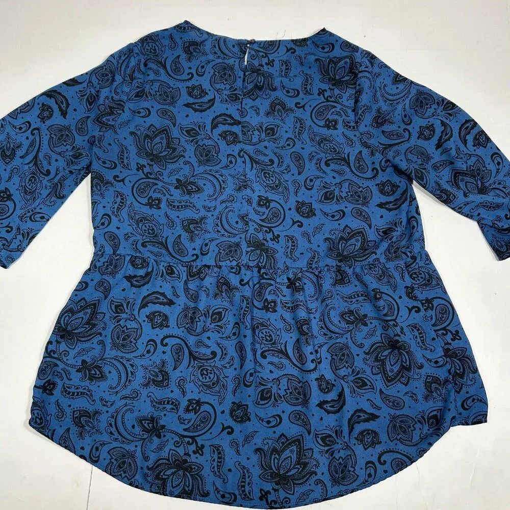 Faded Glory Peplum Top Women’s Medium M Blue Black Paisley ¾ Sleeves Crew Blouse - Picture 6 of 6